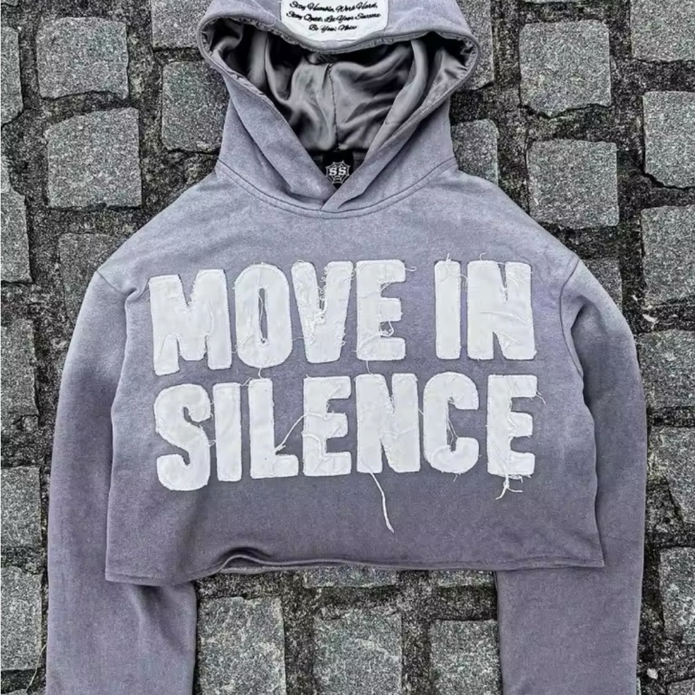 Cropped Hoodie with Bold Text MOVE IN SILENCE